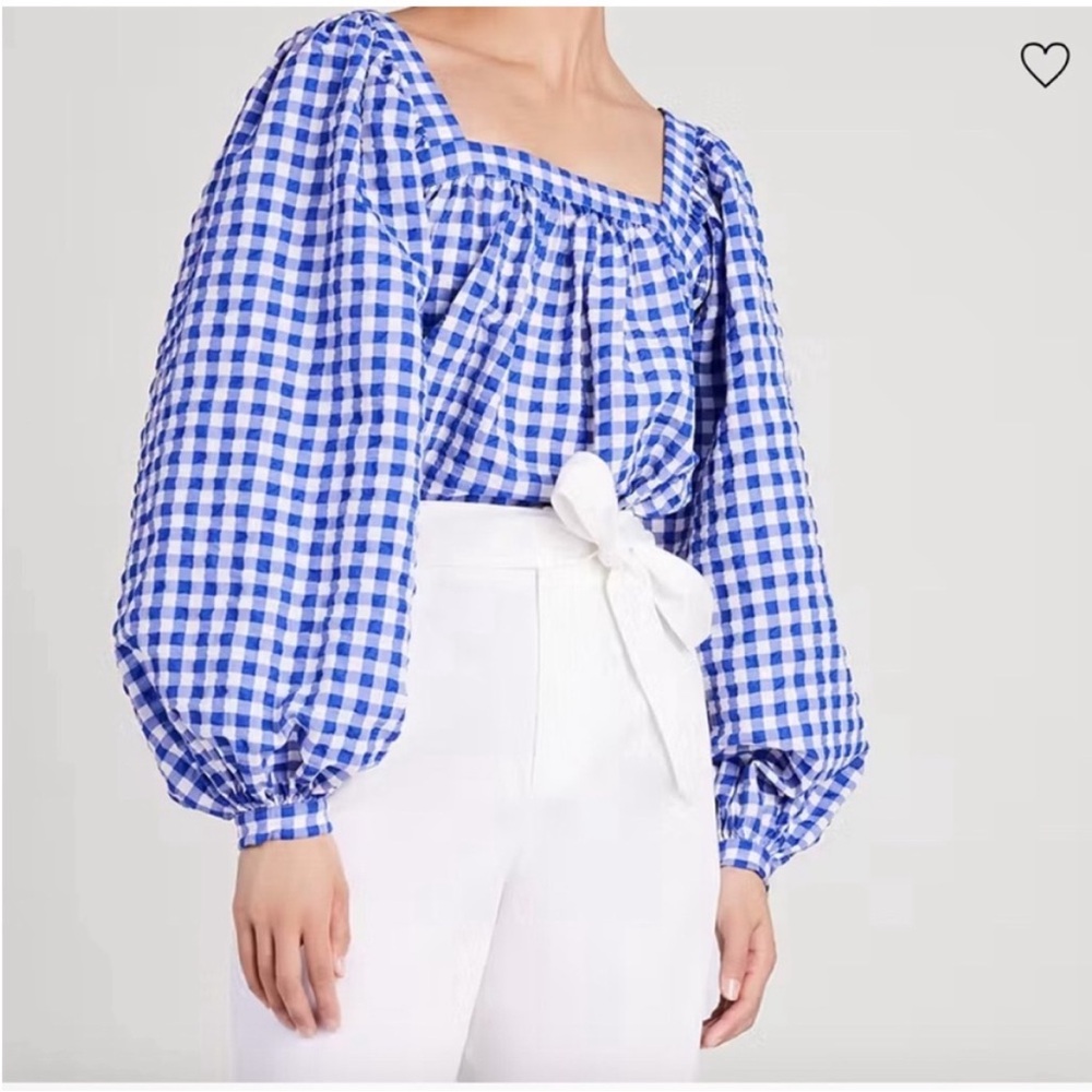 kate spade Blue and White Gingham Puff-Sleeve Blouse